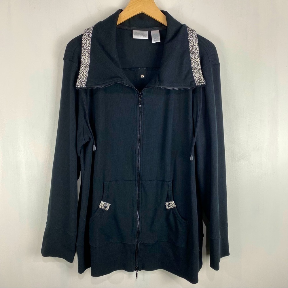Zenergy Chico's Ribbed Animal Print Trim Full Zip‎ Up Jacket Sweater 3 XL 16/18